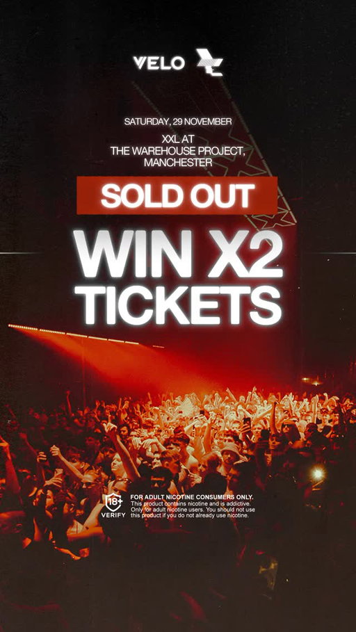 Win 2 tickets to this month’s sold out @xxltechno, presented by The Warehouse Project and @teletechuk. ​
​
How to enter:​
·  Follow @velo.unitedkingdom + @whp_mcr​
·  Tag your +1 (each comment counts as a new entry)​
​
Winners will be contacted by @velo.unitedkingdom only by Monday 24th November.​

*Entry open to residents of GB (excluding NI). Entrants must be 18+ only and must be an existing nicotine user. Must be following @velo.unitedkingdom & @whp_mcr at the time of the draw to be eligible.​ Prize draw open from 14:00 14/11/2025 to 23:59 20/11/2025. No purchase necessary. Winners will be chosen at random and will be notified by 24/11/2025. See full T&Cs at velo.com