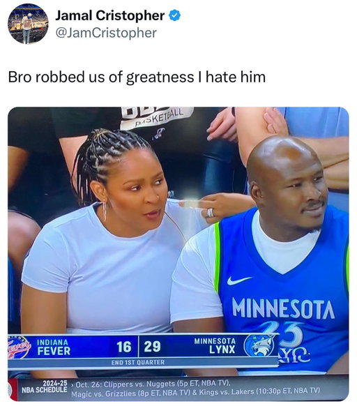 For anyone who doesn’t understand: Maya Moore was a generational talent, who many say could’ve been the WNBA’s MJ. The guy in the photo was falsely accused of a crime and was serving time for it…Maya quit basketball to freedom fight for him. She got him free, then they started dating and she retired instead of continuing her masterful career.⁣
⁣
(via X/JamCristopher)