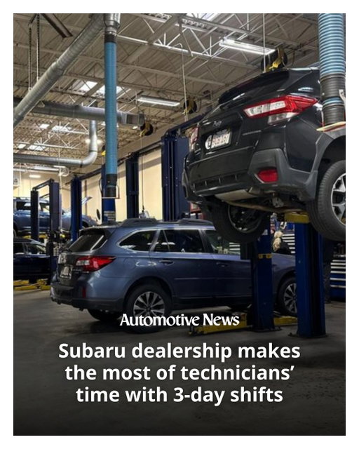 For the service department at one Boston-area Subaru dealership, less is more.

At MetroWest Subaru in Natick, Mass., technicians and service advisers clock in just three days a week.

The move to have technicians work three 14-hour shifts a week alleviates constraints on service capacity, provides customers with more appointment options, and, just as importantly, is a recruiting and retaining tool, according to Mike Koster, service and parts director at the — Link to full story in our bio

#Subaru #AutoIndustry #automotive #news