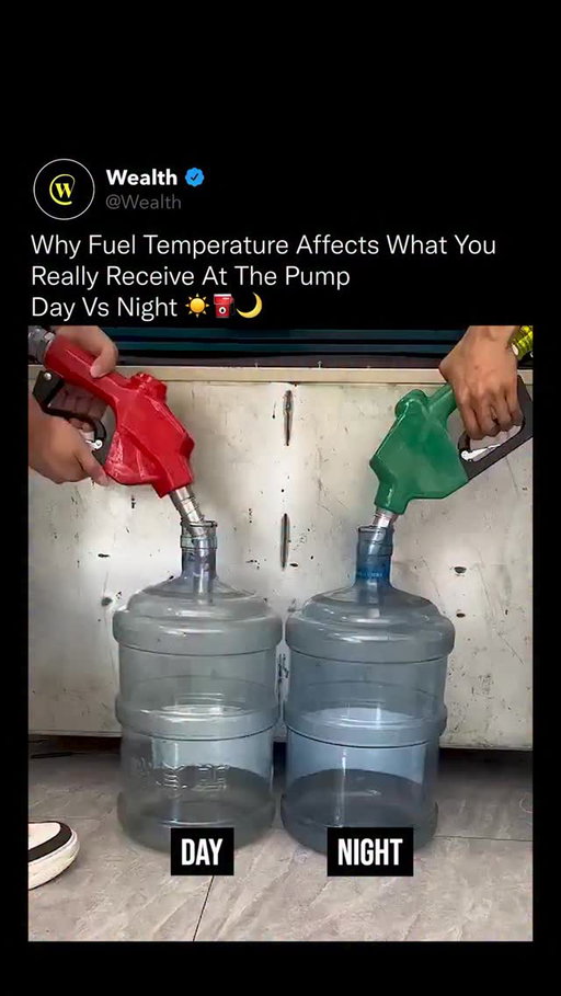 The fuel you pump during the day is not the same fuel you pump at night, and the reason is pure physics ⛽📉

Fuel expands when it’s warm and contracts when it’s cold, which means its density shifts throughout the day. The volume delivered at the pump stays the same, but the energy contained in that volume changes with temperature.

During the day, higher temperatures cause gasoline and diesel to expand inside underground tanks and delivery systems. The fuel becomes less dense, slightly lowering the energy it carries per liter or gallon.

At night, cooler temperatures keep the fuel denser and more stable. You still receive the same measured volume, but its energy concentration is closer to its natural state before thermal expansion.

It’s a subtle difference, but the science behind it is real, and it’s a principle engineers monitor closely in aviation, shipping, and large-scale industrial systems.

Love Learning? Follow @Wealth 🌟

#technology #engineering #science #fuel #innovation #cars