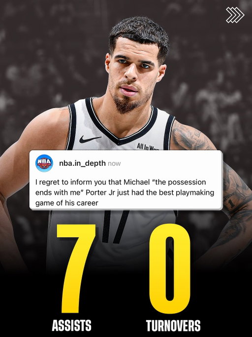 Michael Porter Jr just put up a career-high 7 assists with 0 turnovers. Head Coach Jordi Fernandez got MPJ moving different in Brooklyn👀

24 PTS
11 REB
7 AST
0 TOV