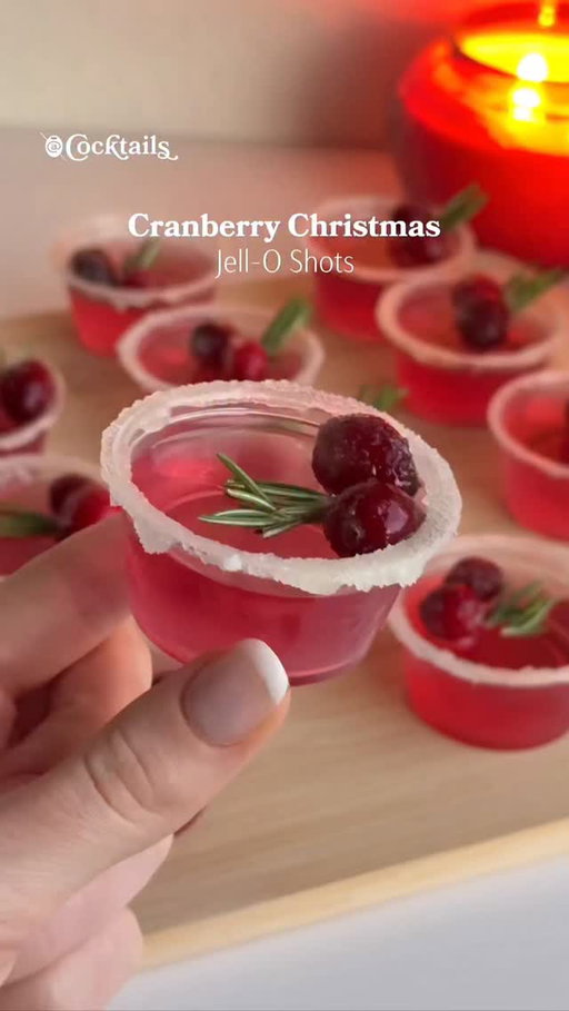 Serving cranberry Christmas Jell-O shots instantly makes you the BEST holiday host.🍷🎄

Ingredients:
- agave and granulated sugar to rim the 2 oz. cups
- 1 & 1/2 cup cranberry juice
- 2 packs (0.25 oz. each) unflavored gelatin
- 1/2 cup vodka
- 1/4 cup triple sec
- sugared cranberries & rosemary for garnish

Recipe:
1. Rim 2 oz. cups with sugar and agave
2. In a pot, combine cranberry juice and unflavored gelatin. Bring to a slight boil while whisking to dissolve, then remove from heat
3. Once cooled, add vodka and triple sec. Whisk
4. Pour into 2 oz. cups then allow to chill in the fridge for 4-6 hours
5. Garnish with sugared cranberries and rosemary to serve!

#christmas #cranberry #jelloshots #holiday #cocktails