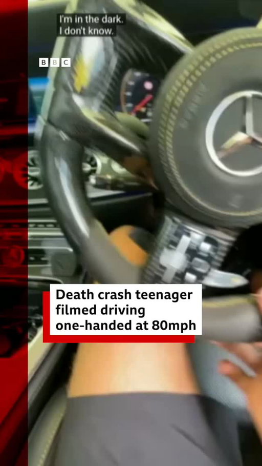 Footage of a man filming himself speeding and driving one-handed has been released by police after he was jailed for causing death by dangerous driving in the UK.
 
Suffolk Police said although 19-year-old Lewis Meadows had not been using his phone at the time of the fatal collision, footage he had recorded of himself at other times showed "a repeated pattern of behaviour behind the wheel".
 
Tap the link in @BBCNews's bio to read more about his sentence. 
 
#BBCNews
