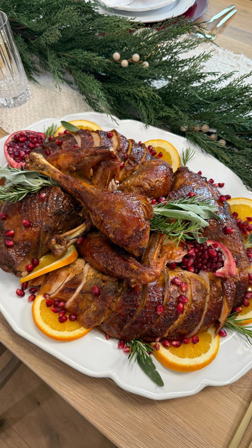 The best Thanksgiving turkey! Spatchcocked with an orange glaze and a delicious compound butter. It’s definitely a crowd pleaser.
Recipe:
Dry Brine:
1 (13 to 14) pound spatchcocked turkey 
1/4 cup kosher salt (I use Diamond Crystal)
1 tablespoon freshly ground black pepper 
3 tablespoons dark brown sugar
2 teaspoons ground coriander

Compound Butter:
1 cup (2 sticks) unsalted butter, at room temperature
7 garlic cloves, grated
Zest of 1 lemon
1 tablespoon fresh rosemary leaves
1 tablespoon fresh sage 
1 tablespoon fresh thyme leaves
1 tablespoon fresh oregano leaves
1 tablespoon onion powder
1 tablespoon smoked paprika
1 teaspoon kosher salt 
Avocado oil, for drizzling on top 

Glaze:
6 tablespoons unsalted butter
1/4 cup pure maple syrup
1/4 cup soy sauce
2 tablespoons rice vinegar
1 tablespoon Worcestershire sauce
3 sprigs fresh thyme
3 sprigs fresh rosemary 
Zest of 1/2 an orange
-First, spatchcock the turkey: Use paper towels to pat the turkey dry and remove the bag of giblets. On a large cutting board, place the turkey breast-side down, with its backbone up. Starting from the bottom area, cut along one side of the backbone through to the end. Cut along the other side of the backbone and remove the backbone (discard or save for stock). Spread the turkey wide open. 
Flip the turkey over, place it breast-side up on the cutting board, spread its legs out, and firmly press down with your hands on the middle of the breast bone until you hear a few cracks and the turkey sits flat on the cutting board. 
Line a large sheet pan with foil. Set a wire rack on top. 

-Make the dry brine: In a small bowl, mix kosher salt, freshly ground black pepper, brown sugar, and coriander. Rub the dry brine all over the turkey, including the bottom of the cavity. Place the turkey on the rack and refrigerate uncovered for at least 24 hours and up to 48 hours. 

-When you are ready to cook the turkey, preheat the oven to 325°F and place a rack in the middle of the oven. Take the turkey out of the refrigerator at least 1 hour before it goes into the oven. Remove the turkey from the sheet pan and place on a new sheet pan lined with a wire rack without foil.
 #food #thanksgiving #turkey