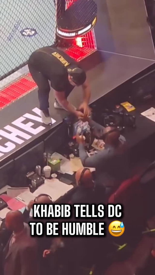Khabib Nurmagomedov stopped by the commentators’ desk to tell Daniel Cormier to “put his eyes down,” as his teammate Islam Makhachev just became a two-division champion, something DC himself accomplished during his UFC career. 

Daniel explained that Khabib meant he can no longer place his own accomplishments above Islam’s and should stay humble, as Makhachev is now equal to DC.