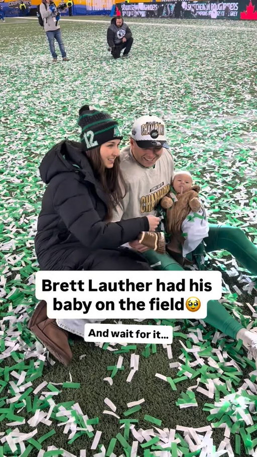 Brett Lauther brought his baby out on the field after winning the Grey Cup🏆🥹

…and it looks like there’s some throw up to clean up🤢 #GreyCup