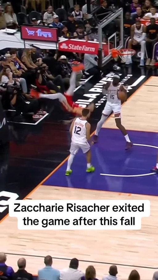 Risacher got up and walked to the locker room on his own after he fell. 

He suffered a hip contusion and did not return to the game the Hawks announced.