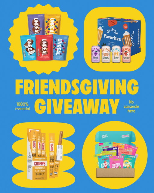 🦃 🍫 Friendsgiving Giveaway 🍫 🦃 
@chomps, @drinkolipop, @smartsweets, and @unreal.snacks are teaming up to give two lucky winners the ultimate Friendsgiving haul 🤎 

How to enter:
✨ Follow both @unreal.snacks & @chomps & @drinkolipop & @smartsweets 
✨Tag two snack-loving friends
BONUS: Repost to your story for an extra entry!

2 lucky winners will both win:
🍫 1 Unreal Variety Pack
🍭 1 SmartSweets Variety Kit
🥤4 cases of OLIPOP Variety Packs 
 1 24 Pack Box of Chomps Original Turkey Sticks
.
.
.
.
*Giveaway ends 11/24/2025 at midnight. Open to US residents of legal age in their jurisdiction. One post = one entry. Not affiliated with Instagram. Winners will be contacted via @unreal.snacks only. Giveaway not administrated or sponsored by OLIPOP.