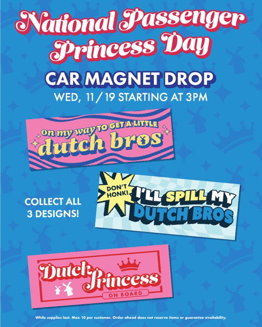 gather your royal crew 👸 we’re giving away a passenger princess car magnet w/ every medium or large drink purchase on Wed, 11/19, starting at 3PM 💕⁣
⁣
While supplies last. Max 10 per customer. Order ahead does not reserve items or guarantee availability. Car magnets only stick to steel and will not work on non-metal vehicle body materials.