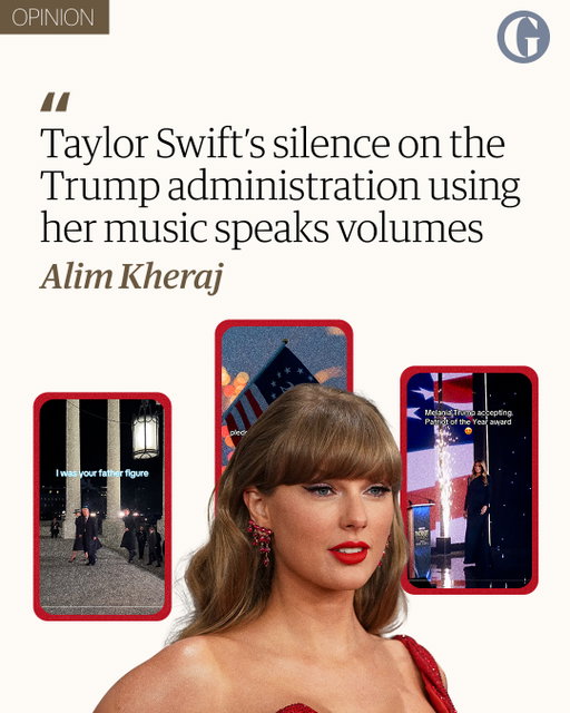 While Taylor Swift is known to be litigious over unsanctioned use of her music or likeness, she has been curiously silent over the Trump administration’s recent usage of her songs, writes Guardian contributor Alim Kheraj.⁠
⁠
“Swift may believe that publicly opposing the Trump administration would further fracture an already crumbling nation. She may be quietly supporting those whose lives have been affected by the government’s attacks on immigrants and minorities,” Kheraj writes.⁠
⁠
“But her influence gives her the potential to galvanize thousands in rejecting increasingly regressive and terrifying social and political norms.”⁠
⁠
Follow the link in bio to read the full op-ed.