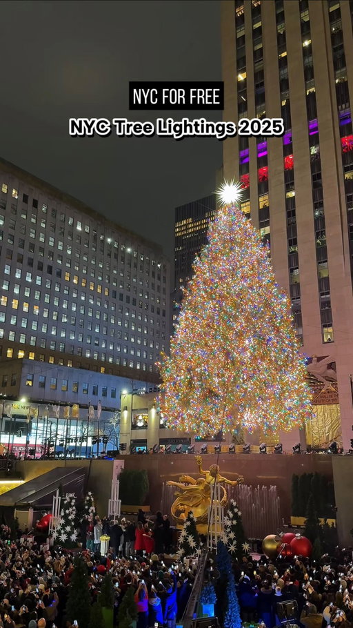 NYC Tree Lightings 2025 🎄 

November 25
-Downtown Brooklyn Gets Lit @downtownbrooklyn 6pm (Albee Sq)

November 29
-Park Slope @theother5th 5:15p (5th Ave & 4th St)

December 2
-Bryant Park @bryantparknyc 5:30pm (ice skating show, performances)
-The Seaport @theseaportnyc 6pm (performances, drinks & more)
-Tavern on the Green @tavernonthegreen 5:30-8p (ft Kelsie Watts)

December 3
-Rockefeller Center @rockefellercenter 6pm (*note this is hard for public to get into, must arrive super early)

December 4
-NY Stock Exchange @nyse 6pm (festivities 3:30-6:30)
-DUMBO @dumbobrooklyn 5:30p (holiday covers, hot cocoa, cheers & more)
-Central Park @centralparknyc 5:30p (Dana Center, Harlem Meer)

December 5
-Roosevelt Island @rooseveltislandny 6-8p (performances, giveaways) 
-Fort Greene Park @fortgreenepark 5-6p
-Hope Holiday Winter Village 7pm (142-82 Rockaway Blvd Queens)
-Woodhaven @woodhavenbid 6p (Forest Parkway & Jamaica Ave)

December 6
-Bronx Little Italy 4-6p (Santa, hot cocoa, cookies, toy giveaway)

December 7
-Park Avenue @fundforparkavenue (62 E 92nd St)

December 9
-Madison Square Park @madsqparknyc 4:30-6pm 

December 11
-Washington Square Park @washingtonsquareassociation 6pm

See nycforfree.co/holidays & caption for details!

#nyc #christmas #rockefellercenter #holidaytree