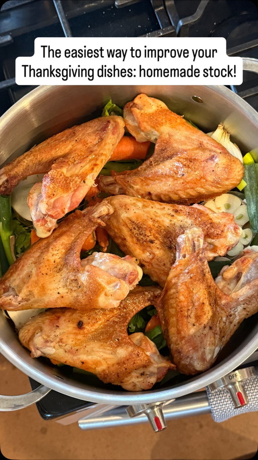 By far the easiest way to improve *any* Thanksgiving recipe that calls for stock: use homemade. 💯 And this is the perfect thing to prep NOW.

1. Roast any cut of turkey you like: wings, drumsticks, a bone-in turkey breast. Whatever! Just be sure to drizzle with olive oil and season generously with salt and pepper. Cook at 450F until golden brown, about 40-45 minutes.

2. Fill a stock pot with cut up veggies and aromatics. I used: 2 halved onions, a halved head of garlic, carrots, celery, parsley, thyme, scallions, and dried bay leaves.

3. Place the roast turkey on top, then deglaze the sheet pan with water — be sure to scrape off any browned bits. Pour this into the pot.

4. Add enough water to submerge the turkey and veggies, bring to a boil, then simmer for hours. The longer you go, the better it tastes. 😉 I cook mine for about 4 hours (because I needed to go to bed 😂).

5. Remove the turkey (enjoy the delicious meat in a variety of dishes!), strain the broth, then discard the veggies. What you’re left with is a glorious, flavorful turkey stock. 🙌🏻 Refrigerate until needed or freeze for later.

#turkeystock #homemadebroth #thanksgiving #thanksgivingdinner #easyrecipe