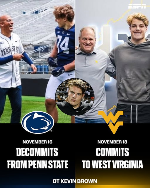 Kevin Brown, the No. 3 ranked OT in the country, commits to his father’s alma mater West Virginia, two days after decommitting from Penn State.

Brown’s father played at West Virginia in the early 2000s under coach Rich Rodriguez, and beyond family ties, the program has impressed Brown with its long-term vision for Rodriguez’s second stint leading the Mountaineers.

 (📸 @kevinbrownhbg)