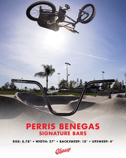 PERRIS BAR available now! Hit your favorite shop or odysseybmx.com.

 We didn’t have a bar in the lineup that met her needs, so we worked with her on one!  Built to Perris’ desired specifications; the Perris Bar features an 8.78” rise and a narrow 27” width that still allows room for a brake lever. Made using post-weld heat-treated, and butted 4130 chromoly for added strength and reliability. This is the smallest bar in our lineup, and perfect for all riders who need a sub 9” option. 

FEATURES:
-Perris-specific geometry
-Narrow 27” width with room for a brake lever
-Butted 20mm crossbar
-1.8/1.3mm thick, multi-butted main tubing
-Post-weld heat-treated 4130 chromoly for added strength

SPECS:
-Rise: 8.78”
-Width: 27” 
-Backsweep: 10°
-Upsweep: 4°

#odysseybmx