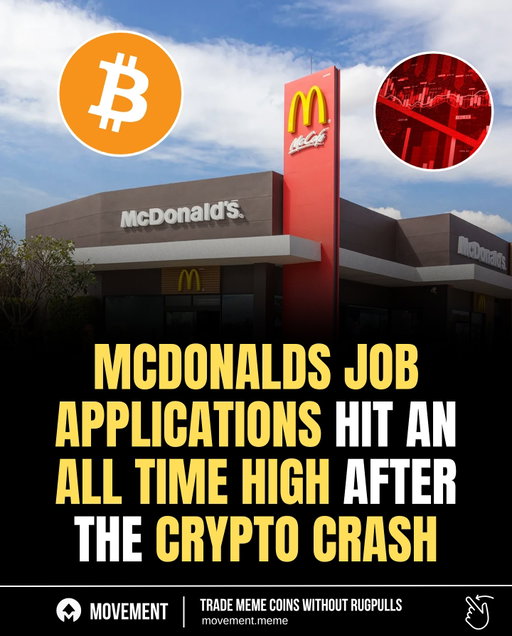 Applications for McDonald’s positions have surged to record highs following the recent crypto market crash.

Several job-tracking platforms reported a noticeable spike in searches for entry-level roles during the selloff.

Analysts say the trend reflects traders seeking temporary income stability as markets remain volatile.

Download the Movement Market app in my bio and start trading memecoins 🚀
