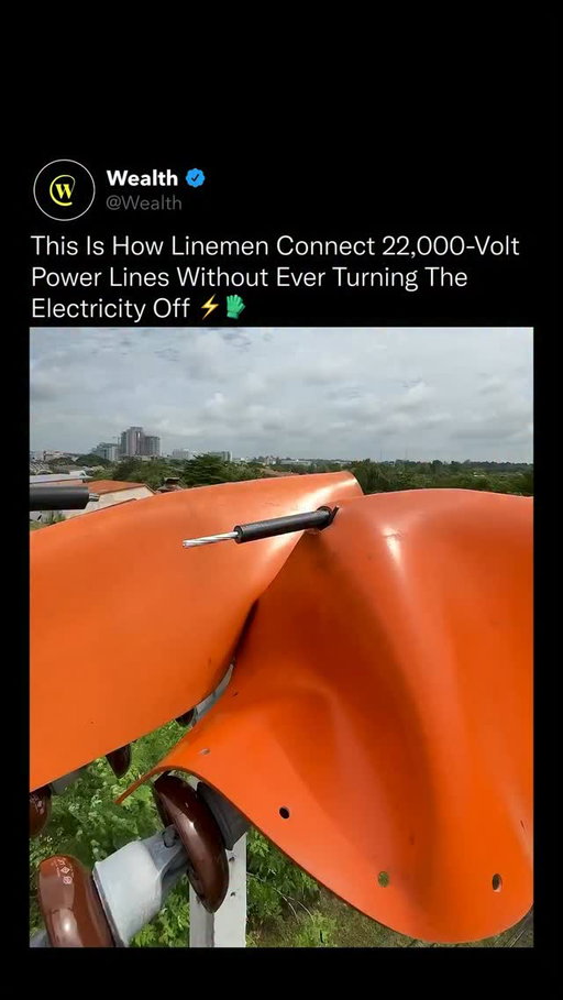 Every move he makes is inches away from a live 22,000 volt current, and the grid depends on it staying active during this process. ⚡️

Lineman crews use specialized power-line connectors that allow them to join or repair high voltage cables while they are still energized. This method prevents outages and keeps electricity flowing to entire neighborhoods even as critical repairs are happening.

The gloves, bucket insulation, and tools he uses are all engineered to block electrical conduction so he can safely clamp the lines together. These connectors are designed to withstand intense voltage, extreme weather, and constant electrical load once they are in place.

This technique, known as live-line maintenance, requires precision, calm under pressure, and years of training. One wrong movement can interrupt power, damage the grid, or cause severe injury, which is why only highly skilled linemen are certified to perform it.

Love Technology? Follow @Wealth 🌟 

Media: YT/วัยรุ่นไฟแรง-HIGHVOLTAGE

#engineering #powergrid #infrastructure #technology #lineman