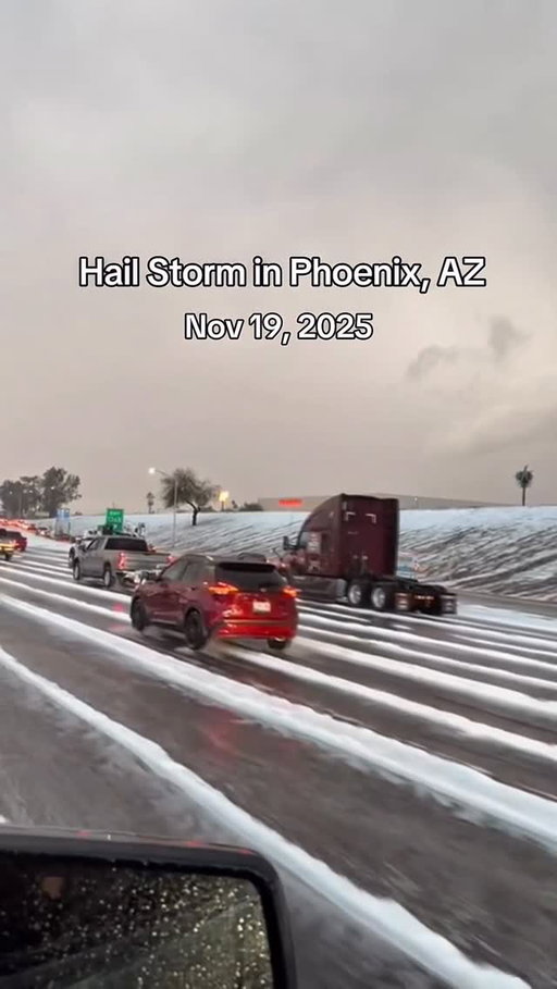 A hail storm is covering the road around the I-10 and 75th Ave in Phoenix, AZ, making the roads look snowy. Drive safe! ❄️🚗✨ tag us in your videos! 

#PhoenixWeather #AZStorm #HailStorm #Arizona #I10 #StaySafe #AZNews