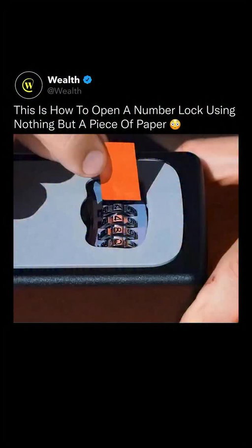 Unlocking a number lock shouldn’t be this easy 🔐😳

What looks like magic is actually pure mechanics.

Inside every number lock, each wheel has a tiny groove called a gate. When all gates line up in the correct position, the internal locking bar drops into place and the lock opens. Normally, you only reach those gates by turning the correct code.

But this technique works by sliding a piece of paper between the wheels and feeling for the subtle moment when the paper falls into the gate. That drop tells you the exact digit for that wheel. By repeating the process on each section, you can identify all the correct numbers without ever knowing the original code.

It’s a clever demonstration of how analog mechanisms can be decoded using nothing but touch, precision, and patience, showing how much engineering goes into even the simplest everyday tools.

Love Learning? Follow @Wealth 🌟

Media: Mikeshaketv

#mechanicaldesign #lockmechanics #engineeringbasics #techinsights #everydayengineering