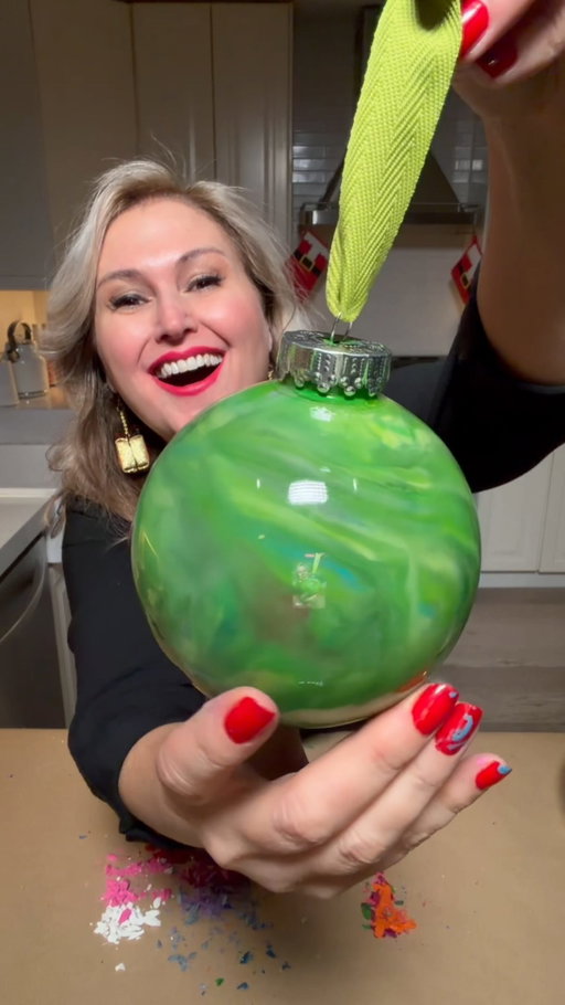 Crayon Christmas Ornaments 
•clear plastic ball ornaments 
•crayons 
•sharpener 
•hair dryer 
..use baking mitts and make sure you don’t hold the dryer too close to the ball. You can leave it speckled or let it melt and swirl it around like I did.