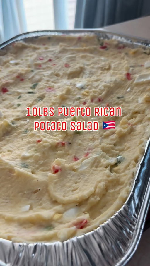 Puerto Rican Style Potato Salad 🇵🇷

* 10lbs Potatoes 
* 12 eggs
* Adobo for water
* 1/2 Red bell pepper finely diced
* 1/2 Green bell finely diced
* 1/2 onion finely diced
* 2Tbs Vinegar for pickling 
* Dash of salt for pickling peppers & onions (sit while potatoes are boiling) 
* Start 1c of mayonnaise add more to your liking
* Sprinkle adobo across the potatoes. Keep it simple and delicious. 
* Mix well, refrigerate overnight