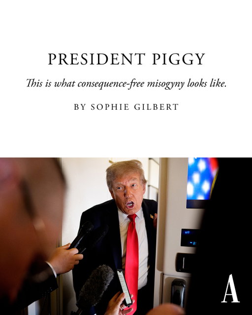 Donald Trump’s “Quiet, piggy” remark joins a preponderance of evidence suggesting “how limited a proportion of men actually see women as equal human beings,” Sophie Gilbert argues.⁠
⁠
Read more at the link in our bio.⁠
⁠
🎨: Andrew Harnik / Getty