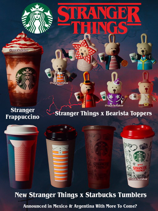 I'm gonna need ALL of the Stranger Things Bearista toppers IMMEDIATELY!

Starbucks just dropped a new Stranger Things collab that *so far* is in Mexico and Argentina and I have to believe will expand to more countries.

The collab includes a Stranger Things Frappuccino, Hopper's Brew coffee, and then some AMAZING merch.

There are at least seven Bearista toppers (they have to have a Lucas one, right?!) including a Demogorgon along with four Strange Things tumbler.

I will update *if* this is headed to the US - I can't imagine it would come here before the final episodes drop since no news has come from Starbucks employees.

Would you want to see the Starbucks x Stranger Things lineup come here?
