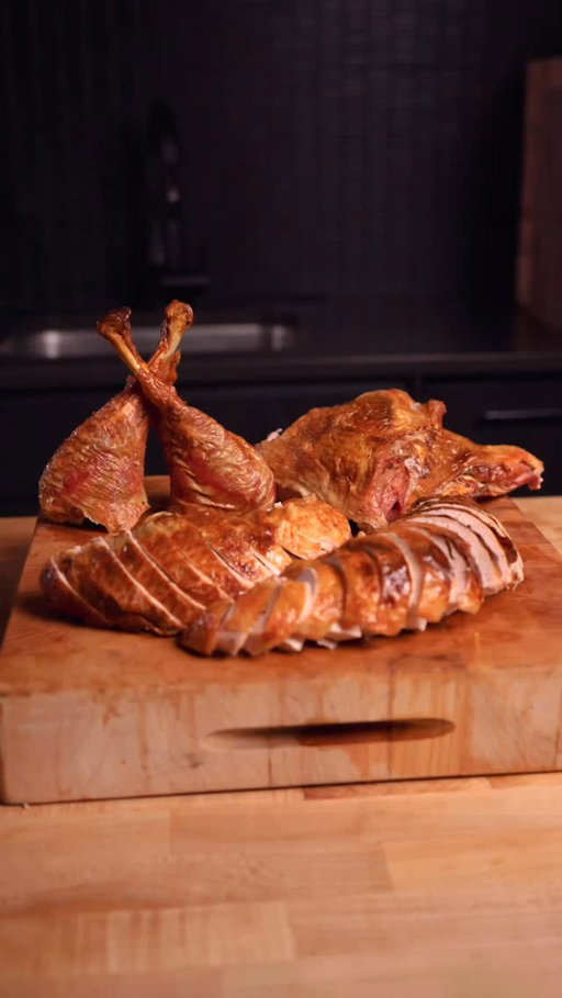 The Perfect Thanksgiving Turkey

Deciding how to cook your Thanksgiving turkey can be stressful! There’s a few things we need to prioritize: Crispy skin, juicy white meat and timing…

The key to all of these is “spatchcocking”.

Crispy skin: The flat shape of a spatchcocked turkey faces all the skin upwards, allowing us to cook evenly at a higher temp.

Juicy meat: The exposed dark meat will cook faster and finish 20F degrees hotter than the lean breast meat, for optimal internal temps. If cooked whole (not spatchcocked), the turkey would need to be pulled at around 160-165F, at which point the breasts would be over cooked, thighs undercooked.

Timing: Lastly, the thinner shape allows an average sized turkey to be done in about 1.5 hours!

Dry brining is another important step (avoid if turkey is pre-brined), and the compound butter adds additional richness. It imparts flavor under the skin, but perhaps more importantly, leaves us with buttery herb drippings that can be used to moisten up the turkey prior to serving.

Note: the USDA recommends cooking turkey to 165F (at this temp, poultry is pasteurized immediately). However pasteurization is a combination of temperature AND time. After pulling at 150, it will carry over to 160F during the rest, for a fully pasteurized (and way more juicy) turkey.

Recipe in my bio!

🥼 Guest chiropractor appearance: @occhiropractor 

🎥 @sophiagreb @kylekrasker 

#thanksgiving #turkey #turkeyrecipe #ovenrecipe #juicy #spatchcocking