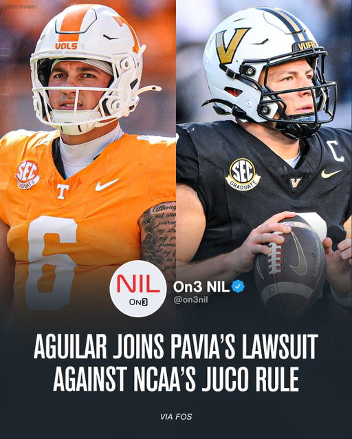 Tennessee QB Joey Aguilar has joined Diego Pavia’s lawsuit against the NCAA’s JUCO rule, FOS reports👀

The suit argues that playing junior college should not count towards D1 eligibility. 

Follow @On3NIL for the latest Name, Image and Likeness news.