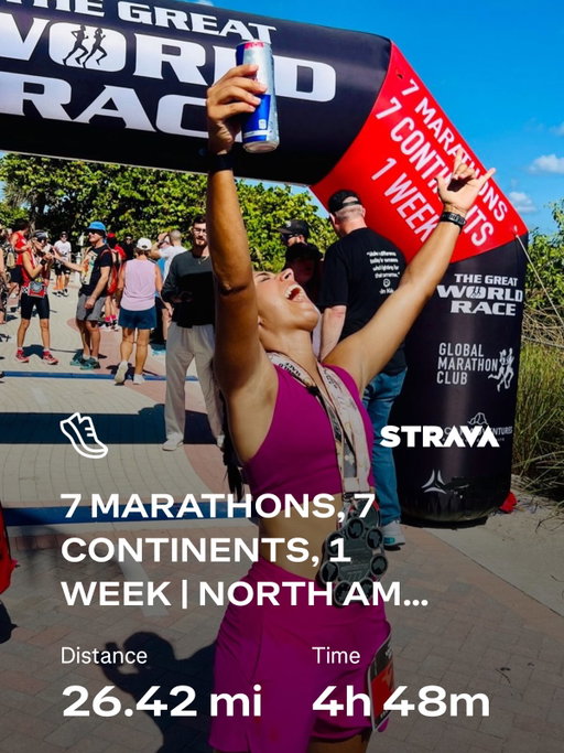 MARATHON 7 OF 7 ✅ NORTH AMERICA! Today, I completed the Great World Race. 

I will never forget this experience and the other 60 racers bold enough to sign up for this wild journey, who were some of the most fascinating and inspiring people I’ve ever encountered. And despite everyone’s unique backgrounds, the commonality was attitude. The willingness to be vulnerable in the pain cave — but approach each moment with determination and joy to move forward. I grew so much from their generous example, every single day.  And I can’t wait for you to meet them in our longform episode, which is probably one of the most insane things our team has ever captured. 

Til then, I never want to forget the greatest lesson I learned:

There is ALWAYS more to give. 

What a privilege it is to be challenged. ⭐️