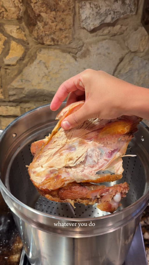 Rich & Hearty Turkey Stock | Full Recipe ⬇️

 (Scaled for 1 Turkey)

Yield: ~4–6 quarts depending on pot size
Time: 12+ hours (hands-off simmer)

Ingredients

From one roasted turkey, gather:
	•	Turkey carcass (all bones)
	•	Any remaining thighs, legs, wings, or meaty scraps
	•	Turkey neck (if you still have it)
	•	Any leftover turkey gravy (optional but highly recommended)
	•	Any leftover turkey drippings or stock (optional)

Vegetables & aromatics:
	•	2 large onions, quartered (skins on OK)
	•	3–4 carrots, roughly chopped
	•	3–4 celery stalks, roughly chopped
	•	6–8 garlic cloves, smashed
	•	2–3 bay leaves
	•	1 tablespoon whole black peppercorns
	•	Small handful sage
	•	Small handful rosemary
	•	Salt, to taste (start light — you can adjust later)

Water: Enough to completely fill your pot and cover all ingredients
(Usually 1–2 gallons depending on your pot.)

⸻

Instructions

1. Load the Pot

Place all the turkey bones and scraps into a large stockpot.
If your pot has a built-in strainer insert, place the herbs and vegetables in the bottom portion first.

Add:
	•	Sage
	•	Rosemary
	•	Onions
	•	Carrots
	•	Celery
	•	Crushed garlic
	•	Bay leaves
	•	Peppercorns
	•	A small pinch of salt

2. Add Leftovers

Pour in:
	•	Any leftover gravy
	•	Any leftover turkey drippings or stock

These add huge richness and depth.

3. Fill With Water

Fill the pot all the way with water.
If you’re doing one full turkey, expect to add a LOT of water.

4. Slow Simmer

Place on low heat and simmer uncovered or partially covered for at least 12 hours.
Longer = richer.
Avoid boiling — keep it gentle.

5. Strain & Cool

Carefully lift out the carcass or pull the strainer insert.
Strain broth through a fine sieve.

Let cool, then skim excess fat from the top if desired.

⸻

Storage
	•	Refrigerator: Up to 7 days
	•	Freezer: Up to 6 months (freeze in quart containers or freezer bags)

⸻

How to Use
	•	Soups (turkey noodle, ramen, chili, pot pie)
	•	Gravy base
	•	Risotto
	•	Sip warm with salt — it’s incredible on its own