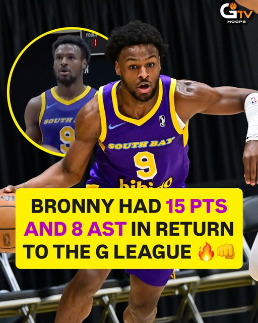 Bronny James made his return to the G League tonight and posted 15 PTS, 8 AST, 4 REB, and 3 STL in the @southbaylakers win over the Warriors. He averaged 21.9 PPG, 5.2 RPG, and 5.4 APG as a 20-year-old rookie in the G last year. Welcome back, @bronny! 🔥