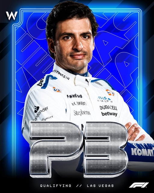 Carlos Sainz starts P3 in Vegas! 🤩

A remarkable effort in quali saw Carlos briefly hold provisional pole before being bumped to the second row. A mega starting spot for the smooth operator! 🌶️

#F1 #Formula1 #LasVegasGP @carlossainz55 @williamsracing