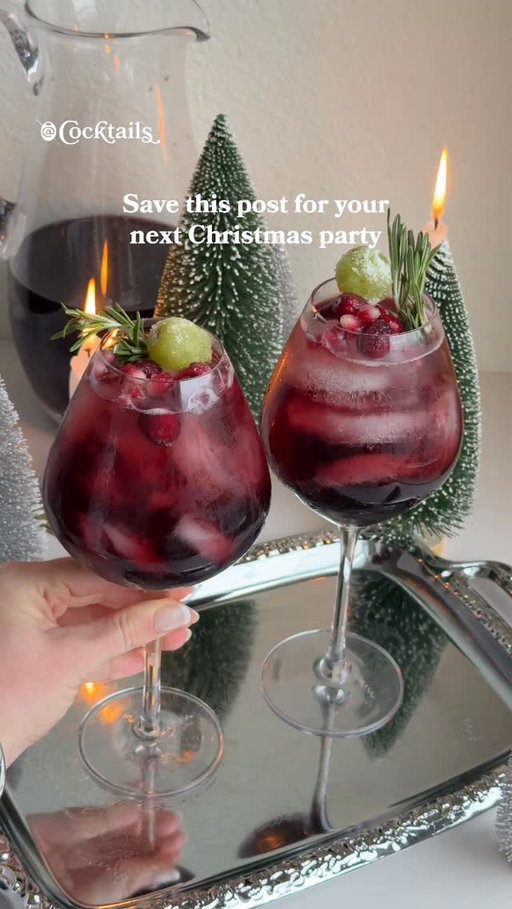 This Christmas sangria is a must for your holiday party.🎄🍷

Ingredients:
- 1.5L Pinot Noir
- 1/2 cup triple sec
- 1 cup pomegranate juice
- 4 oz. fresh squeezed grapefruit juice
- 1/3 cup simple syrup
- club soda to top
- garnish with a rosemary sprig, sugared cranberries, pomegranate seeds, and green grapes

#christmassangria #wine #redwine #batched #host #cocktails #recipe
