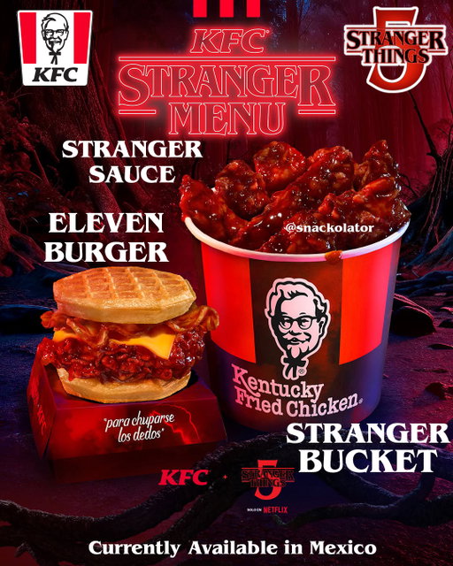 Apparently I'm gonna have to go to the Upside Down myself if I want to get some Stranger Things fast food!

KFC in Mexico just dropped their own Stranger Menu that includes the new Stranger Sauce which you can get as part of the Stranger Bucket of fried chicken or the Eleven Burger which has waffles for the bun!

I still think that we're going to get a Stranger Things menu in the US, but I am not sure which chain will have it... definitely not McDonald's or Burger King since they have other promos, but maybe KFC here??

Would you want to see the Stranger Things collab come to the US?