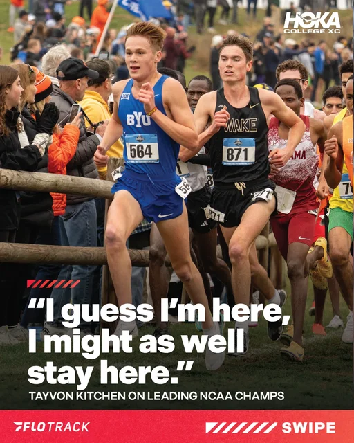 🚀 Tayvon Kitchen was a man on a mission this morning. The freshman phenom led the field through the opening 5K in 14:25.3.

He would hold on for a 29:01 finish, earning All-American honors with his 32nd place finish.

#CollegeXC and #NCAAXC25 coverage presented by @hoka