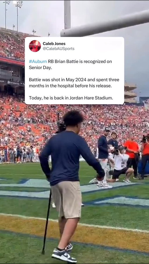 Auburn RB Brian Battie suffered a gunshot wound to the head in May of 2024, in an incident that also took the life of his brother, Tommie Battie IV.

Today, Brian was honored as a graduate on Auburn’s Senior Day.

(via CalebAUSports, CClemente247/X)