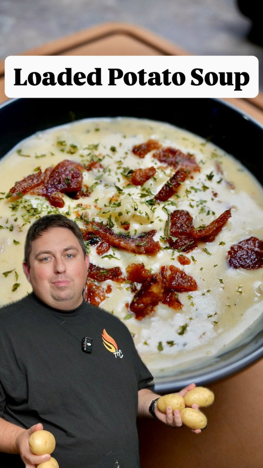 We Think You’re Gonna Love This One, Boss

Loaded Potato Soup

4 large Russet potatoes cleaned
4 tbsps butter
2 tbsps garlic
1/2 chopped yellow onion
1/2 cup Flour
3 cups Milk
4 cups chicken stock (divided in half)
Salt, pepper, and garlic powder to taste
1/2 cup sour cream
16 oz velvetta cubbed
3-6 crumbled strips of bacon
Optional*** Garnish with bacon and green onion

Poke holes in the potatoes with a fork, microwave them for 12 to 15 minutes until tender. Halve the potatoes and cut into chunks to cool
In a large pot, melt butter over medium-low heat. 
Add garlic and onion and cook until the onion is translucent
Slowly whisk the flour into the pan and stir til slightly browned. 
Slowly whisk in the milk 1 cup at a time. Then add the 1/2 chicken stock. Bring to a light simmer and whisk in the salt, garlic powder and pepper. Let come to a light simmer and thicken stirring occasionally 
Add velvetta, bacon and the sour cream and stir til smooth
Turn off heat, and fold in potatoes 
I garnish with green onion and a little bacon and my wife LOVES IT, good luck! 

Ps: I use half the chicken stock when I cook the soup and when I put it away for leftovers I add the additional 2cups to thin it out…. Personal preference, you’ll see
#holmescooking #mealideas #potatosoup