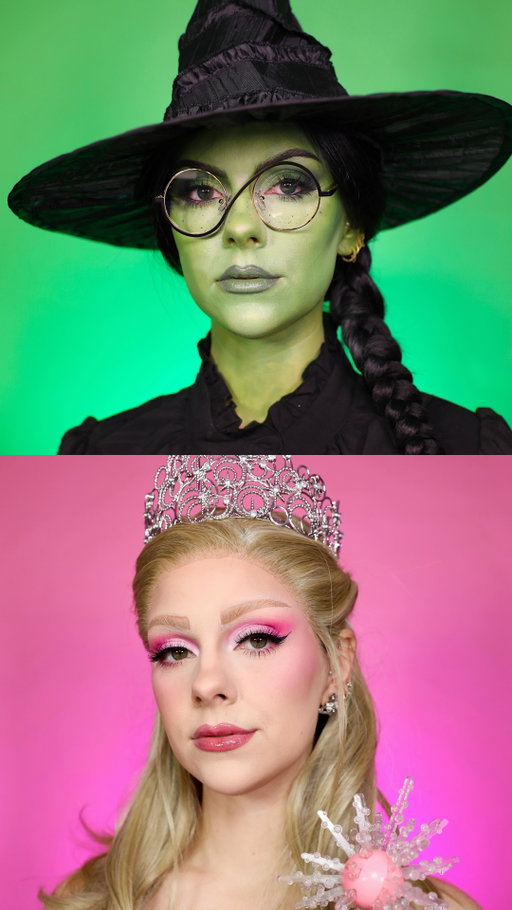 Are you team Elphaba or team Glinda 💖✨💚 Obsessed with how these transformations turned out and what a fun video to recreate 🙌🏻 

Products:
@kryolanofficial Supracolour Elphaba base 
@painted.co Artistry Canvas Palette & Pink Drink Blush Duo
@natashadenonabeauty Hy-Glam Foundation
@esteelauderuk Double Wear Concealer
@hudabeauty Easy Bake Loose Setting Powder & Lip Contour Stain
@benefitcosmeticsuk Roller Lash Mascara 
@fentybeauty Gloss Bomb

Vib: @ling.kt 

@wickedmovie @cynthiaerivo @arianagrande 
[transformation, cosplay, wicked, glinda makeup, elphaba makeup]