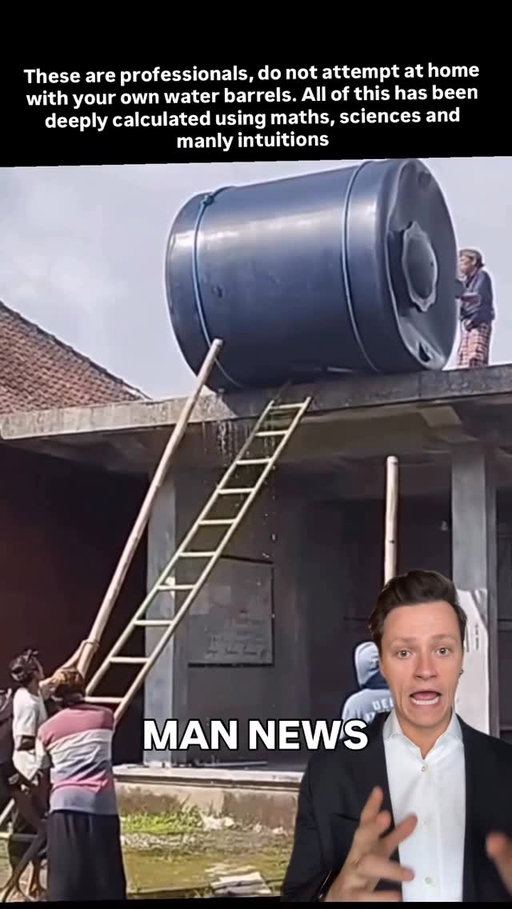 Men angle to remove water barrel from roof

via @joulee_bagus 

#waitforend #mannews #greatness