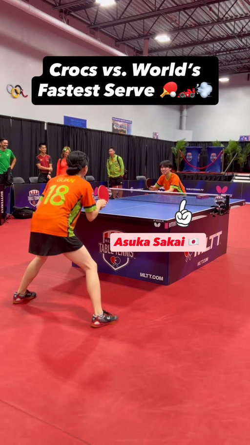 I asked @sake.asu to bring out the aces on his @crocsmltt teammates, and the world’s fastest server did not disappoint! Asuka Sakai is the Guiness World Record holder from 2011 for the World’s Fastest Table Tennis Serve, recording a unique serve off the back of the racket which blitzes the table at a speed of 15 meters per second! That means it covers the length of the table in a lightning fast 0.18 of a second! @majorleaguetabletennis