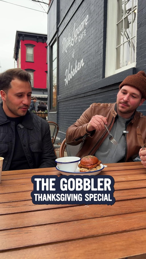 The Gobbler: Herb-Braised Turkey, Cranberry Aioli, Sweet Potato Hash-brown, with a Side of Homemade Gravy, Served on a Thanksgiving-herbed bun.