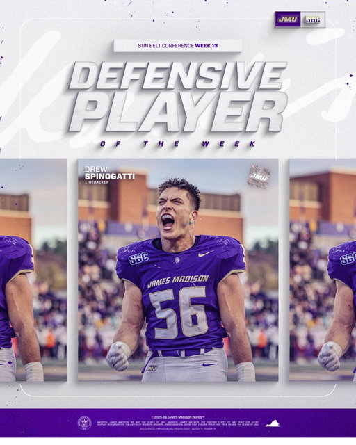 𝐒𝐏𝐈𝐍’𝐒 𝐓𝐈𝐌𝐄.

Drew Spinogatti is Sun Belt Defensive Player of the Week for the first time in his career.

#GoDukes