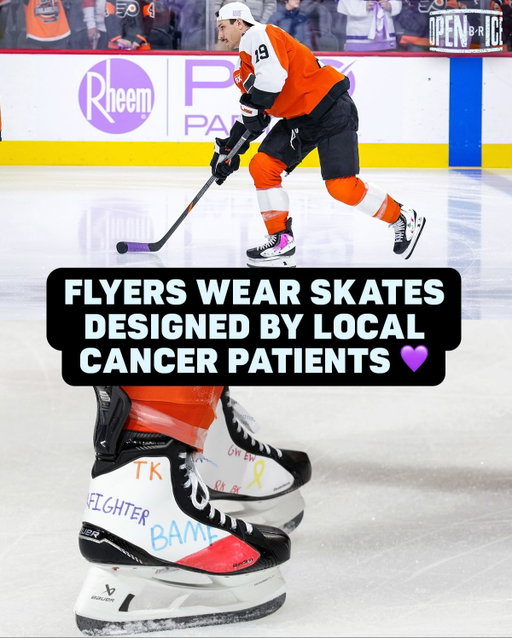 This past Thursday, several Flyers players took the ice wearing “SkateSkins” designed by local pediatric cancer patients in Philadelphia, for the team’s Hockey Fights Cancer Night. 

The product is a customizable accessory that wraps around the heel of the boot of the skate. The players wearing them worked with local hospitals and the patients to collaborate on the designs 💜