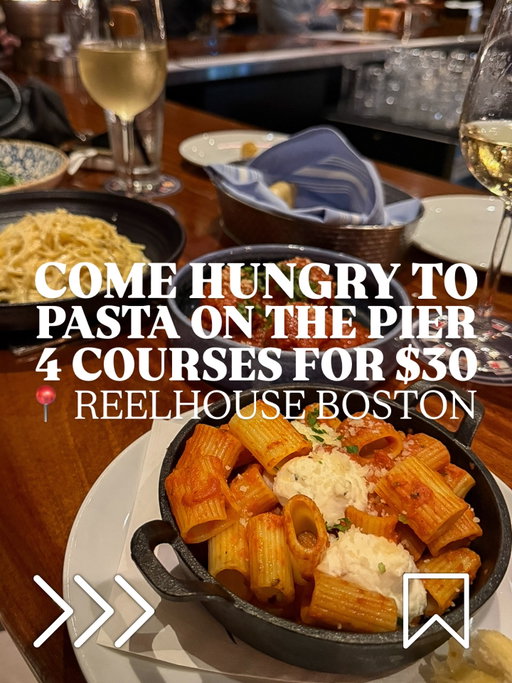 Pasta on the Pier at @reelhouseboston might be my new favorite Boston ritual. 4 courses for only $30, a waterfront view, and portions that keep going until you say when. We went all in on the garlic knots, the fall salad, meatballs, and the pasta. 

If you’ve been to Reel House before, what should I try next time? And if you haven’t gone for Pasta on the Pier yet, would you pick cacio e pepe, vodka rigatoni, or that carbonara bread bowl moment?

Tag someone who’d clean these plates with you.

#bostoneats
#bostonfoodie
#reelhouse 
@reelhousemarinabay 
@reelhouseboston 
@reelhouseoysterbar