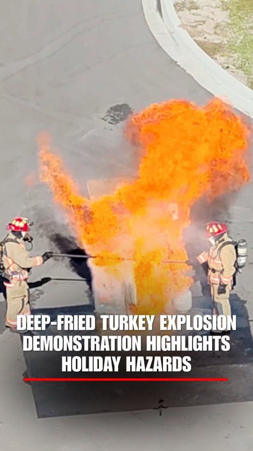 DON'T TRY THIS AT HOME: A frozen turkey erupts in a deep-fryer during a firefighters’ demonstration meant to warn people about Thanksgiving cooking dangers.