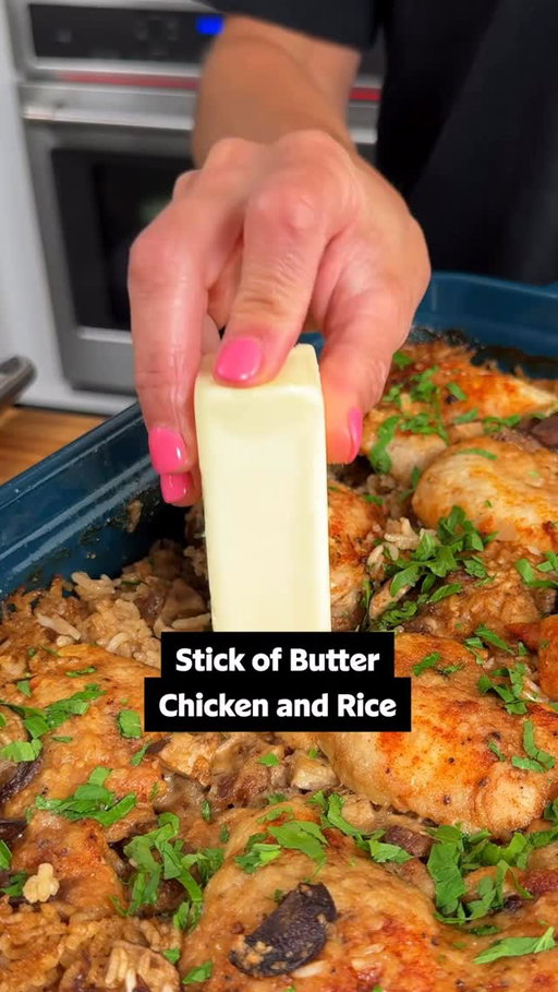This is dinner on easy mode! 🍲

Stick of Butter Chicken and Rice will be your best friend in the kitchen when you don’t feel like spending hours over the stovetop! Continue reading or click the link in the @allrecipes bio for the full recipe. 🔗

Ingredients:
2 cups white rice
1 (10.5-ounces) can condensed French onion soup
2 (10.5 ounce) cans condensed beef consomme
8 ounces baby portobello mushrooms, roughly chopped
1 cup grated Pecorino Romano or Parmesan cheese, divided
1 stick butter, cut into 8 pieces
2 pounds boneless skinless chicken thighs
1 1/4 teaspoons kosher salt
3/4 teaspoon freshly ground black pepper
1 teaspoon garlic powder
1 teaspoon onion powder
1 teaspoon paprika
1 tablespoon chopped parsley (optional)

Directions:
Preheat the oven to 350 degrees F (175 degrees C).

Stir rice, French onion soup, beef consomme, and portobello mushrooms together in a 9 x 13-inch baking dish. Top with 3/4 cup of the cheese and add butter pieces on top.

Season chicken evenly with salt, pepper, garlic powder, onion powder, and paprika and place on top of cheese and butter. Top with remaining cheese and cover dish with foil.

Bake in the preheated oven for 45 minutes. Uncover and bake until top is golden brown, liquid has been absorbed into the rice, and chicken is cooked through, about 20 more minutes.  Sprinkle with fresh parsley if desired.

Inspiration: @melissajorealrecipes 
🧑‍🍳: @nicolemcmom 

#easydinners #dinnerideas #butter #chicken #chickenandrice