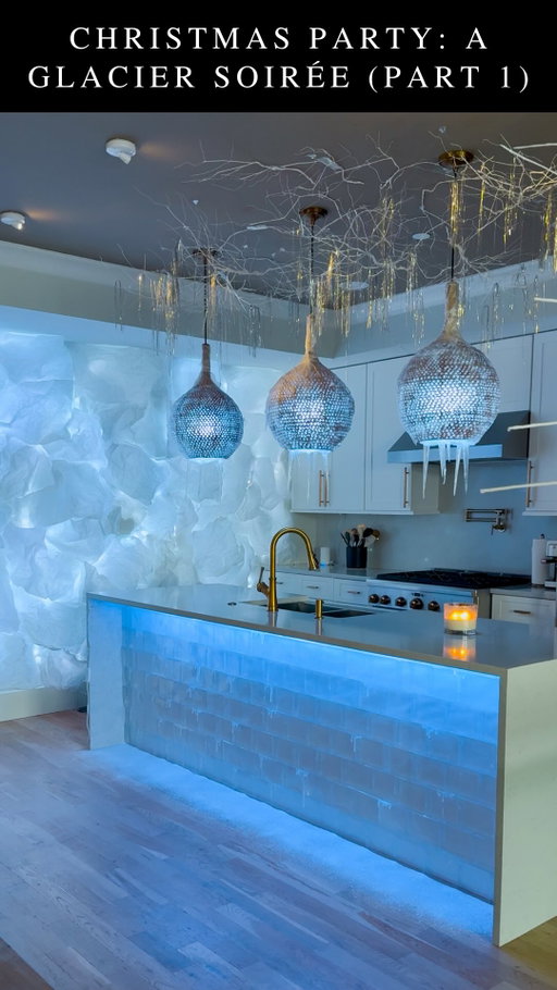 kitchen reveal for my Glacier Soiree! Had the idea of making an ice wall and glacier wall, but had no idea how I’d make it come to life. After much researching, I came across Josh’s ice party (tagged) ... I was floored. Between the paper wall and the gift card boxes? Genius. Stay tuned for part 2, doing the dining room and entryway next! In the meantime, I’ve linked all of the supplies I’ve used here in the link in my bio.