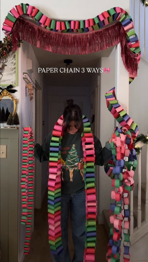 I may be covered in hot glue gun burns and paper cuts but it was worth it 🎀 #paperchains #paperchaintutorial #kitschychristmas #colorfulchristmas #craftychristmas