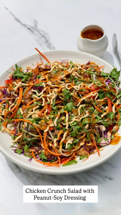 🥗 Chicken Crunch Salad with Peanut-Soy Dressing
Serves: 4 Prep Time: 20 minutes Cook Time: 12–15 minutes Total Time: ~30 minutes
This vibrant chicken salad is everything you crave in a fresh meal: tender spiced chicken, crisp veggies, crunchy noodles, and a creamy, salty-sweet peanut dressing that ties it all together. It’s high in protein, loaded with textures, and perfect for a satisfying, healthy lunch or light dinner.

🛒 Ingredients
For the Chicken:
* 2 chicken breasts
* 1 tsp salt
* 1 tsp black pepper
* 2 tsp paprika
* 2 tsp onion powder
* 2 tsp garlic powder
* 1 tbsp olive oil
For the Salad:
* 1 cucumber, julienned 
* 1 carrots, julienned
* 1/2 red cabbage, thinly sliced 
* 1 red capsicum, thinly sliced
* 1/3 cup peanuts
* 1 cup crunchy noodles
* Coriander, chopped

🥣 Peanut-Soy Dressing:
* 1/3 cup soy sauce
* 2 tbsp peanut butter
* 1 tbsp rice wine vinegar
* 1 tbsp honey
* 1 tsp sesame oil
* 1 tsp chili oil 
* 1 tsp onion powder
* 1 tsp garlic powder
* Salt and black pepper to taste

🔪 Instructions
1. In a small bowl, mix salt, pepper, paprika, onion powder, and garlic powder. Rub the spice mix all over the chicken breasts. Cook in air fryer at 190°C for 18 minutes 
2. In a small bowl, whisk together all dressing ingredients until smooth.
3. In a large mixing bowl or on a serving platter, combine cabbage, carrots, cucumber, and red capsicum, chicken, then sprinkle over peanuts and noodles then finally coriander 
4. Drizzle the peanut-soy dressing generously over the salad just before serving. Toss lightly if desired or serve as-is for a composed look.