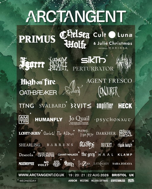 It's the blockbuster event of Summer 2026, starring headliners @primusville, @cchelseawwolfe, and @Cultofluna & @julie_christmas_official performing Mariner, alongside @theofficialnapalmdeath, @SikThofficial, @Highonfireband, @Conjureruk, and @JoQuailcello & The Crossbones Ensemble.

These A-listers join a star-studded cast featuring @Igorrr, @Perturbatormusic, @ChatPileband, @Alcestofficial, @theoathbreakerreigns, @AgentFresco, @TTNG.uk, @Svalbard, and dozens more for an unmissable display of action, thrills, romance (perhaps?) and NOISE.

ATG's acclaimed booking auteur James Scarlett says: "The stars really have aligned for this set of ArcTanGent headliners - and it’s safe to say all three have been firmly at the top of our wish lists for a very, very long time. To have them all headline ATG in the same year is literally unbelievable - and we’re extremely proud to present a festival lineup truly unlike anything else you’ll find on the planet."

Primus' last UK show was almost a decade ago back in 2017, while Chelsea Wolfe's long-awaited appearance at Fernhill is set to be a triumph for the ages. Cult Of Luna and Julie Christmas will be celebrating the 10th anniversary of Mariner by performing the album in full, with no current plans to do this anywhere else in the world. 

ArcTanGent 2026. An absolute cinematic masterpiece. 

Limited Early Bird Tickets + Instalment Tickets from just £21.67 p/m available now. www.arctangent.co.uk/tickets